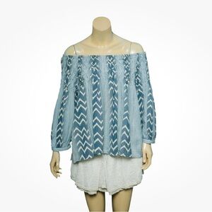 Anthropologie Off-Shoulder Top- blue and chevron